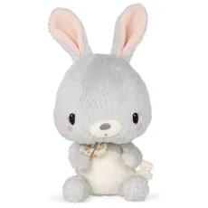 A gray stuffed bunny with long ears and a patterned bowtie sits facing forward.