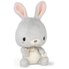 A soft toy bunny with tall ears and a small, patterned ribbon around its neck.