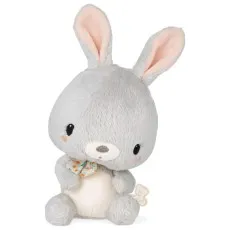 A soft, gray stuffed rabbit toy with a white belly, posing with its head tilted.