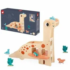 A Janod wooden dinosaur toy with an orange spot pattern and a blue toy car, next to its box