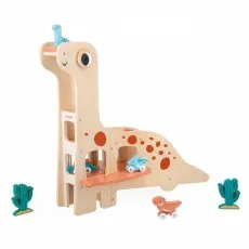 A children's wooden toy shaped like a brontosaurus with a ramp, a small stegosaurus car, and two turquoise cacti.