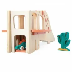 A close-up of a Janod wooden dinosaur toy with a small stegosaurus car in a cubby hole.