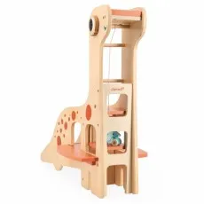 A Janod wooden dinosaur toy with a long neck, orange spots, and a small blue dinosaur toy on a platform.