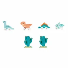 A set of Janod wooden toys, including four dinosaurs on wheels and two turquoise cacti.