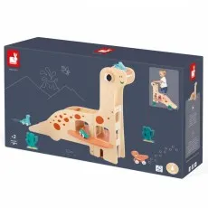 The dark blue packaging for a Janod wooden dinosaur toy, with illustrations of the toy and a child.