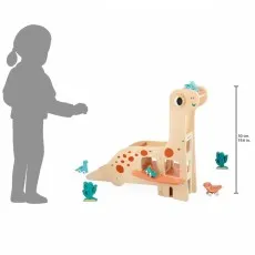 The side profile of a child is shown next to a wooden dinosaur toy with its height of 50 cm
