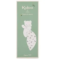 A tall, light green box with a white illustration of a bear holding a blanket with a floral pattern