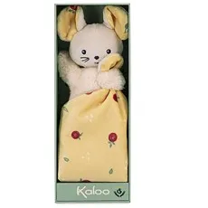 A plush white mouse with an orange-red floral blanket is packaged in a green box