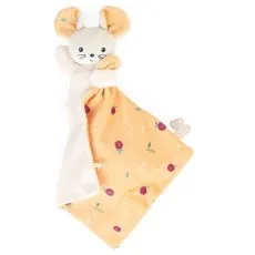 A plush white mouse with an orange-red floral blanket