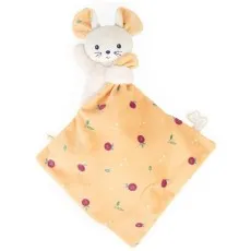 A white mouse plush toy with large, peachy-pink ears, holding a soft, peachy-orange blanket with a red floral pattern