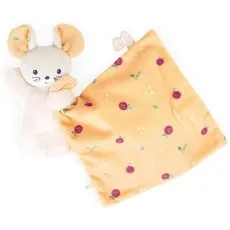 A white mouse plush with peachy-pink ears holds a peachy-orange blanket with a red floral pattern