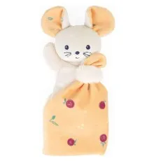 A white plush mouse with a peachy-orange blanket featuring a red floral pattern