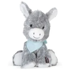 A fluffy gray plush donkey toy with a light blue bandana, sitting on a white background.
