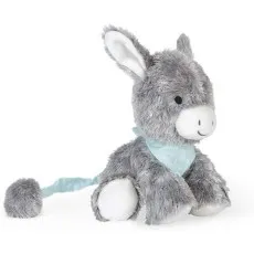 A plush donkey with a Kaloo tag on its front leg, sitting and looking forward.