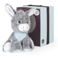 A soft, gray stuffed donkey toy with big ears and a light blue scarf around its neck.