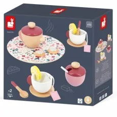 A children's wooden toy tea set with two cups with lemon slices, a teapot, and a pink sugar bowl.