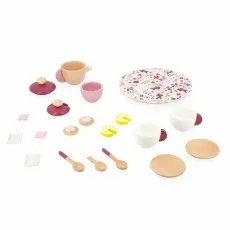 A set of toy kitchen utensils and cookware, including a stainless steel frying pan, strainer, and spatula.