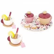 A wooden toy kitchen unit with a closed top window and an open lower cabinet with a gold handle.