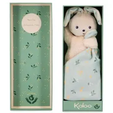 A beige plush rabbit with blue floral ears and a matching blanket is displayed in an open gift box