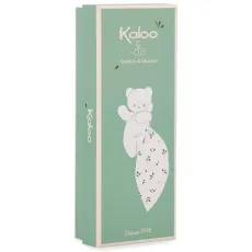 A light green gift box with a white illustration of a teddy bear and a floral blanket