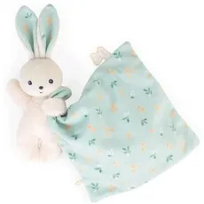 A stuffed beige bunny with mint green ears and a matching blanket with an orange floral pattern