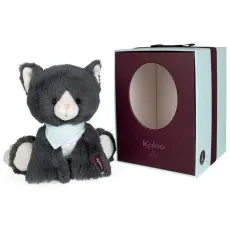 A plush cat and its clear-windowed gift box with an Eiffel Tower logo, on a white surface.