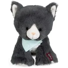 A fluffy gray and white stuffed cat wearing a light blue bandana, sitting.