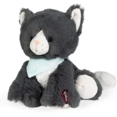 A soft toy cat with black eyes and a small pink nose, posed on a white background.