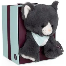 A gray and white kitten plushie is displayed in its box, with a small Eiffel Tower logo.