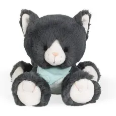 Cute plush gray kitten toy with white paws, ears, and snout, and a blue scarf.