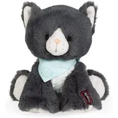 fluffy gray and white stuffed cat wearing a light blue bandana, sitting.