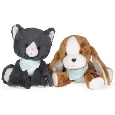 Two soft animal plushies, a cat and a dog, both wearing matching light blue bandanas.
