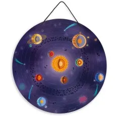 A round hanging magnetic board featuring a vibrant illustration of the sun, planets, and a galaxy.