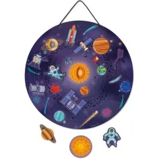 A circular Janod magnetic puzzle of the solar system with astronauts and planets.
