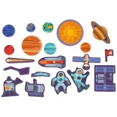 A set of Janod magnetic space-themed pieces, including planets, astronauts, and a rocket