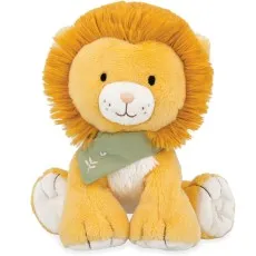 A fluffy orange and yellow plush lion with a green bandana sits on a white background