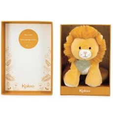 A gift box containing a plush lion with a green bandana, next to its open lid. The interior of the lid is decorated with a wreath of leaves