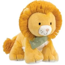 A stuffed, fluffy orange lion with a large mane and a green bandana, standing on a white background