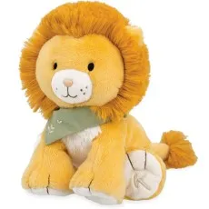 A stuffed, orange-yellow lion with a fluffy mane and a green bandana sits on a white background
