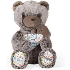 A soft, fluffy gray bear holding a smaller brown bear, with a colorful patterned scarf and matching paw pads