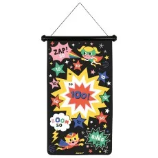 A black hanging target with colorful superhero cartoon characters and words like Zap! and Boom!