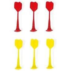 A set of six red and yellow plastic darts with velcro tips on a white background.