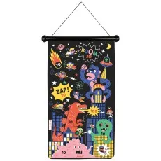 A Janod velcro dart game with a superhero theme, featuring a gorilla, dragon, and a pink monster.