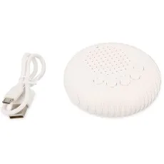 A compact, white noise machine and its micro-USB cable are shown on a white background.