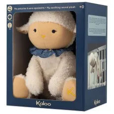 A soft, fluffy sheep sound plush for babies, in its dark blue retail box with a product description.