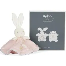 A white plush bunny security blanket with a pink body, standing next to a gray and white gift box