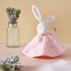A cute, plush white rabbit blanket with a pink embroidered body, holding a small flower