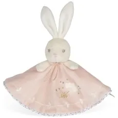 A plush white rabbit with long ears, attached to a pink blanket with white and gold embroidered flowers