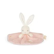 A small, plush white bunny head with long ears on a pink, embroidered blanket