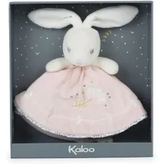 A soft, white plush bunny blanket with a pink body and embroidered flowers, packaged in a gray box with a decorative starry pattern